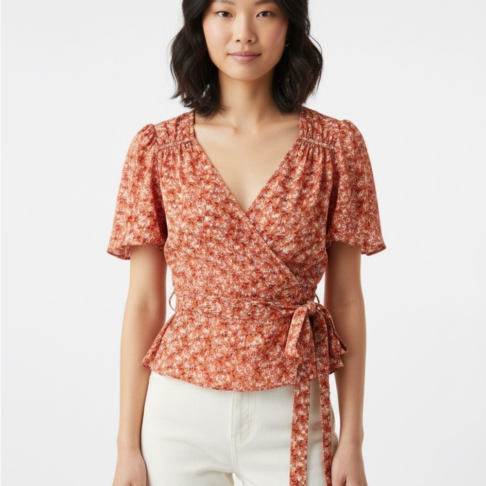 Max Studio Floral Wrap Blouse - Rust